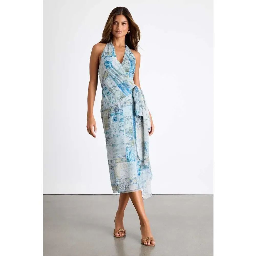 NEW Lulu’s Francine Multi Boho Print Halter Midi Dress in Blue Medium